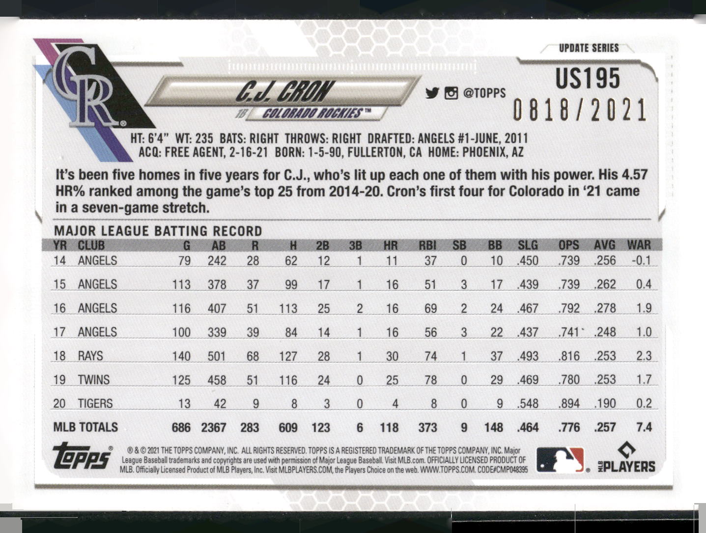 2021 Topps Update #US195 C.J. Cron Gold #/2021