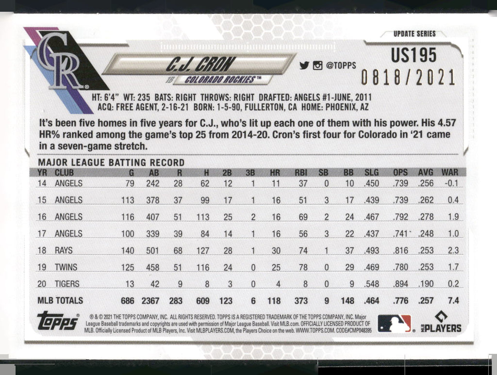 2021 Topps Update #US195 C.J. Cron Gold #/2021