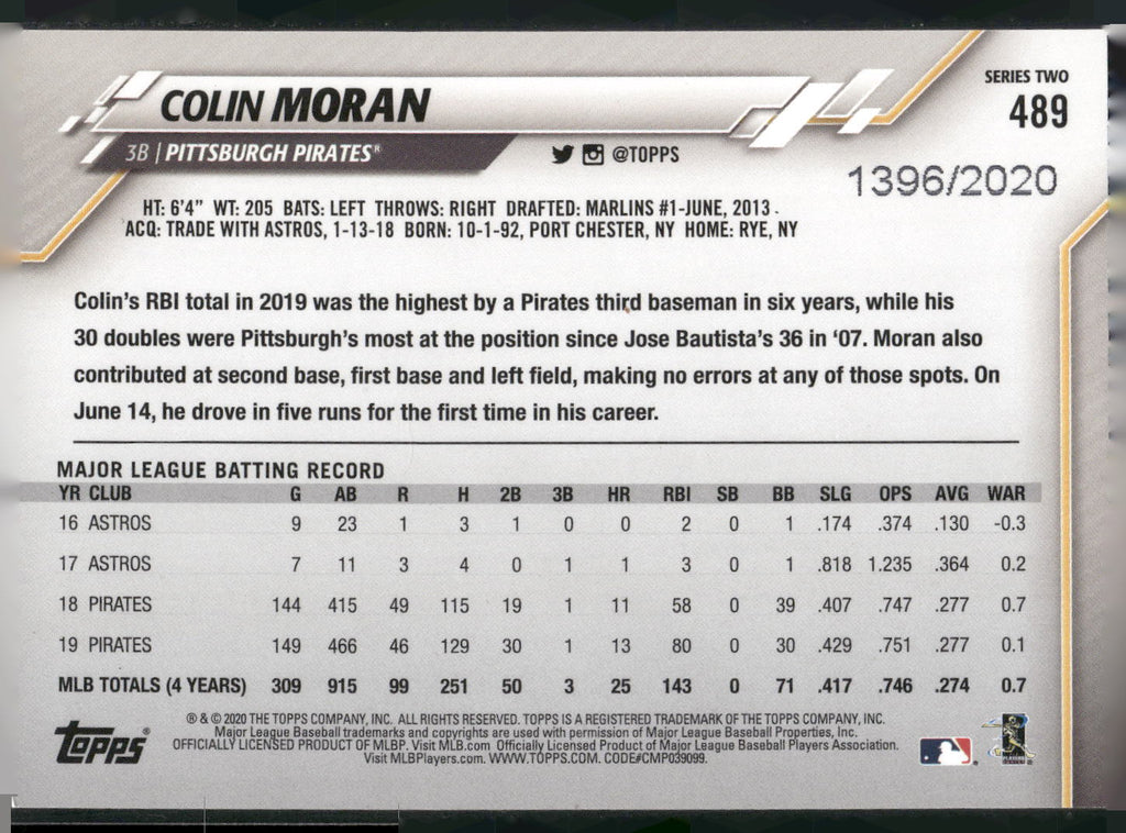 2020 Topps 5x7 #489 Colin Moran Gold 5x7 #/10