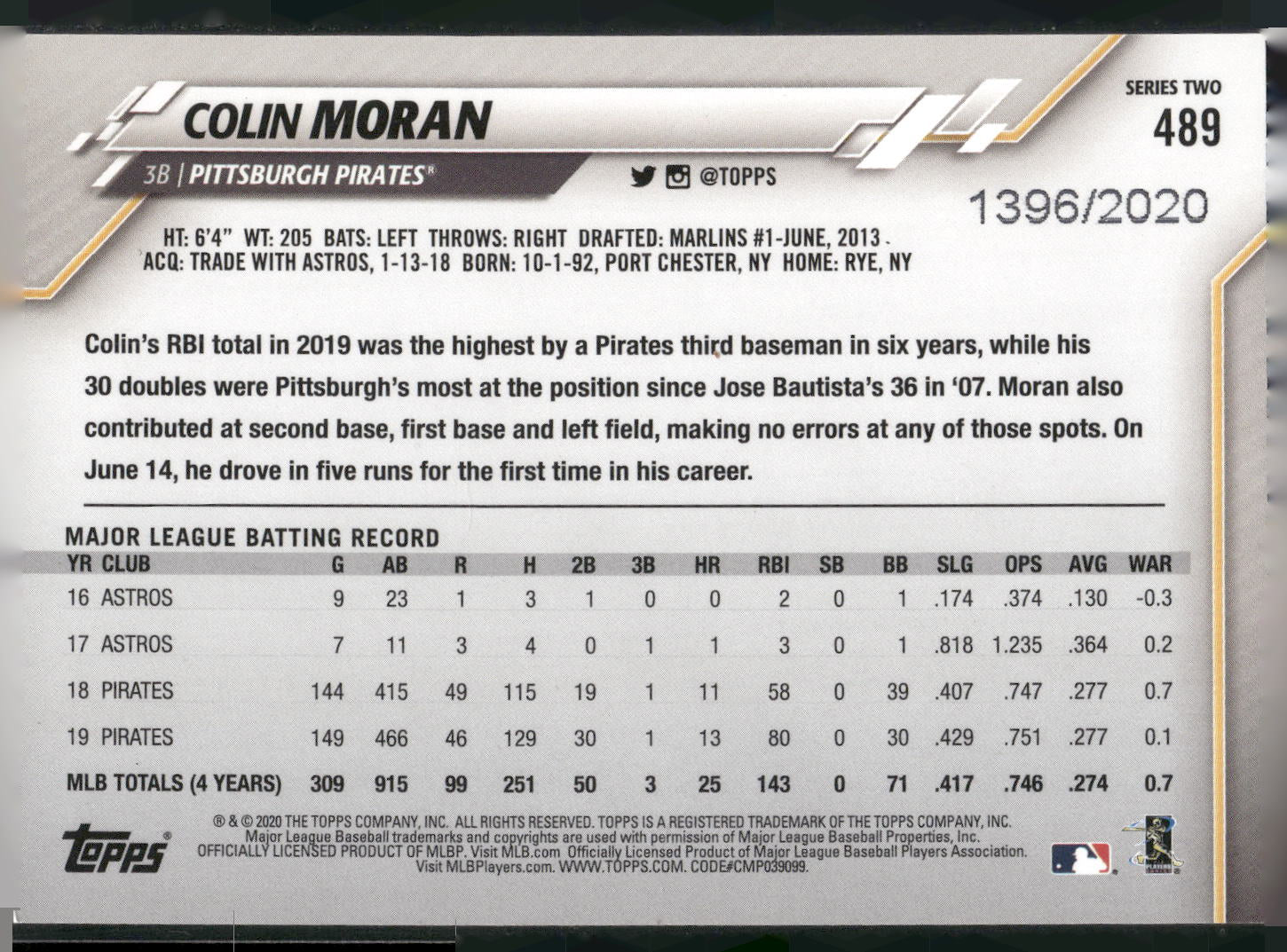 2020 Topps 5x7 #489 Colin Moran Gold 5x7 #/10