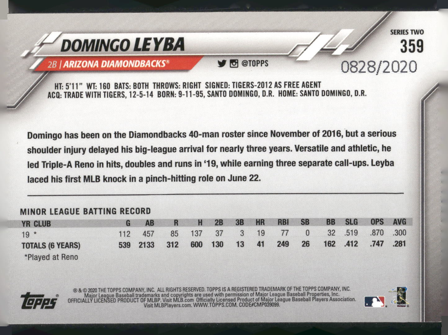 2020 Topps #359 Domingo Leyba Gold #/2020
