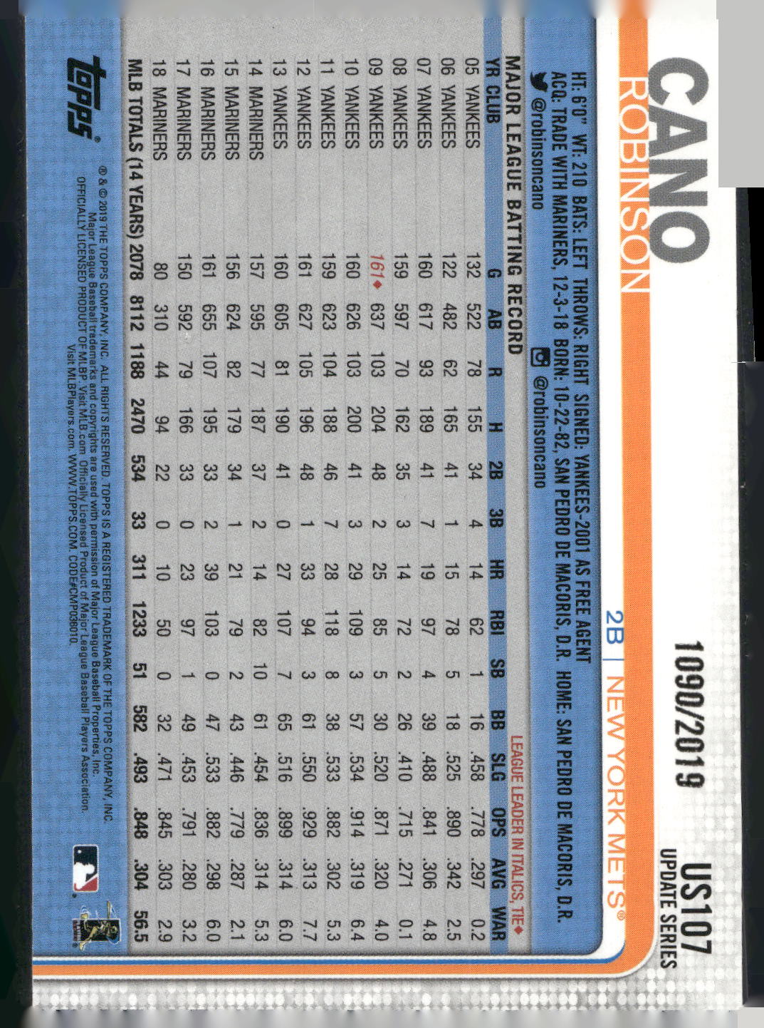 2019 Topps Update #US107 Robinson Cano Gold #/2019