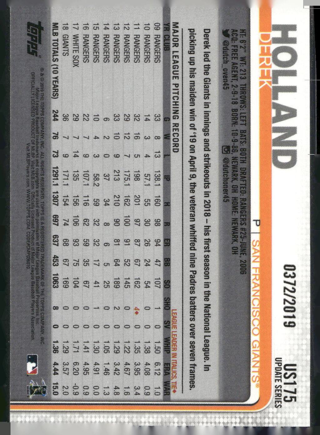 2019 Topps Update #US175 Derek Holland Gold #/2019