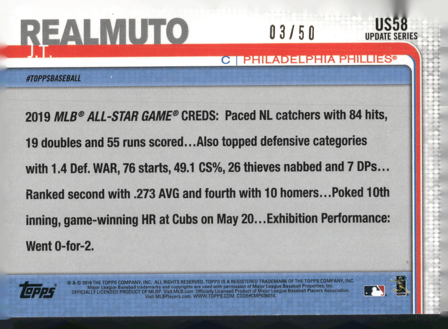 2019 Topps Update #US58 J.T. Realmuto Mother's Day Pink #/50