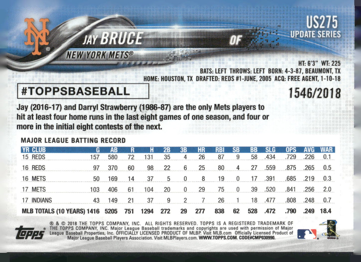 2018 Topps Update #US275 Jay Bruce Gold #/2018