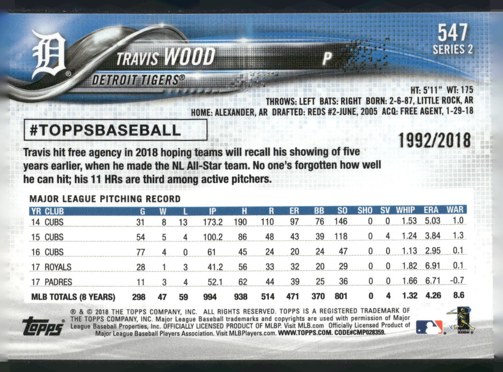 2018 Topps #547 Travis Wood Gold #/2018