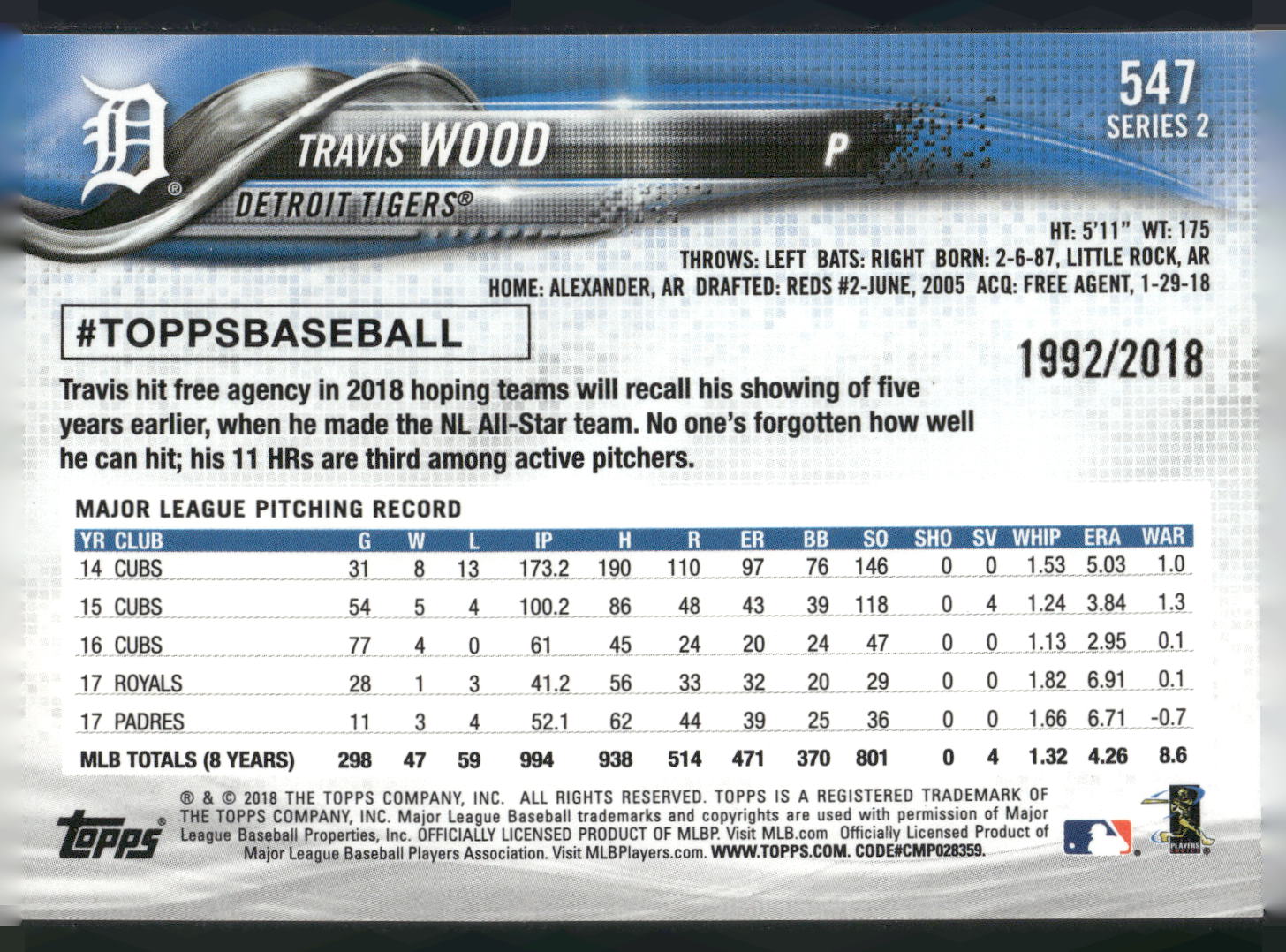 2018 Topps #547 Travis Wood Gold #/2018