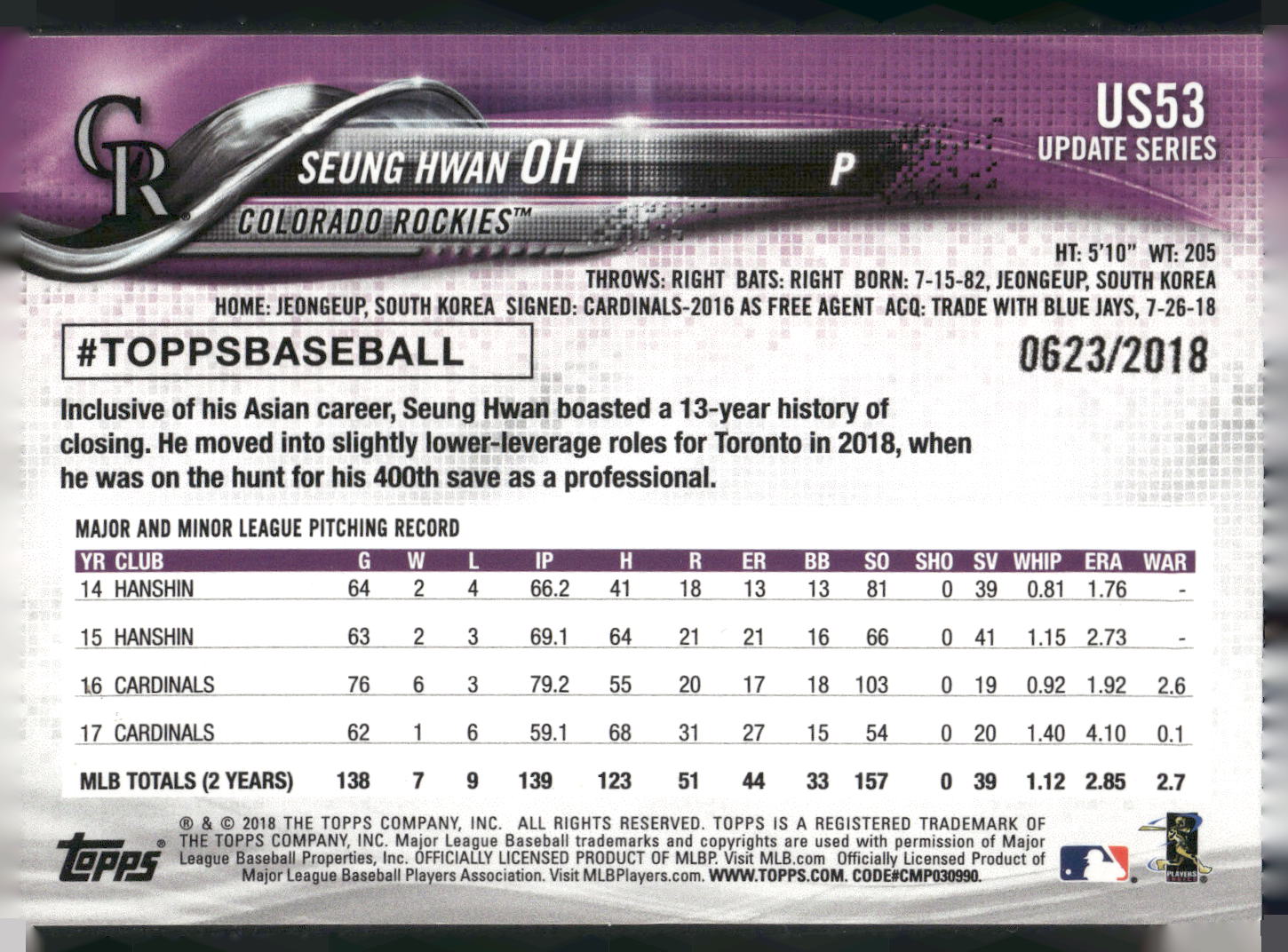 2018 Topps Update #US53 Seung-Hwan Oh Gold #/2018