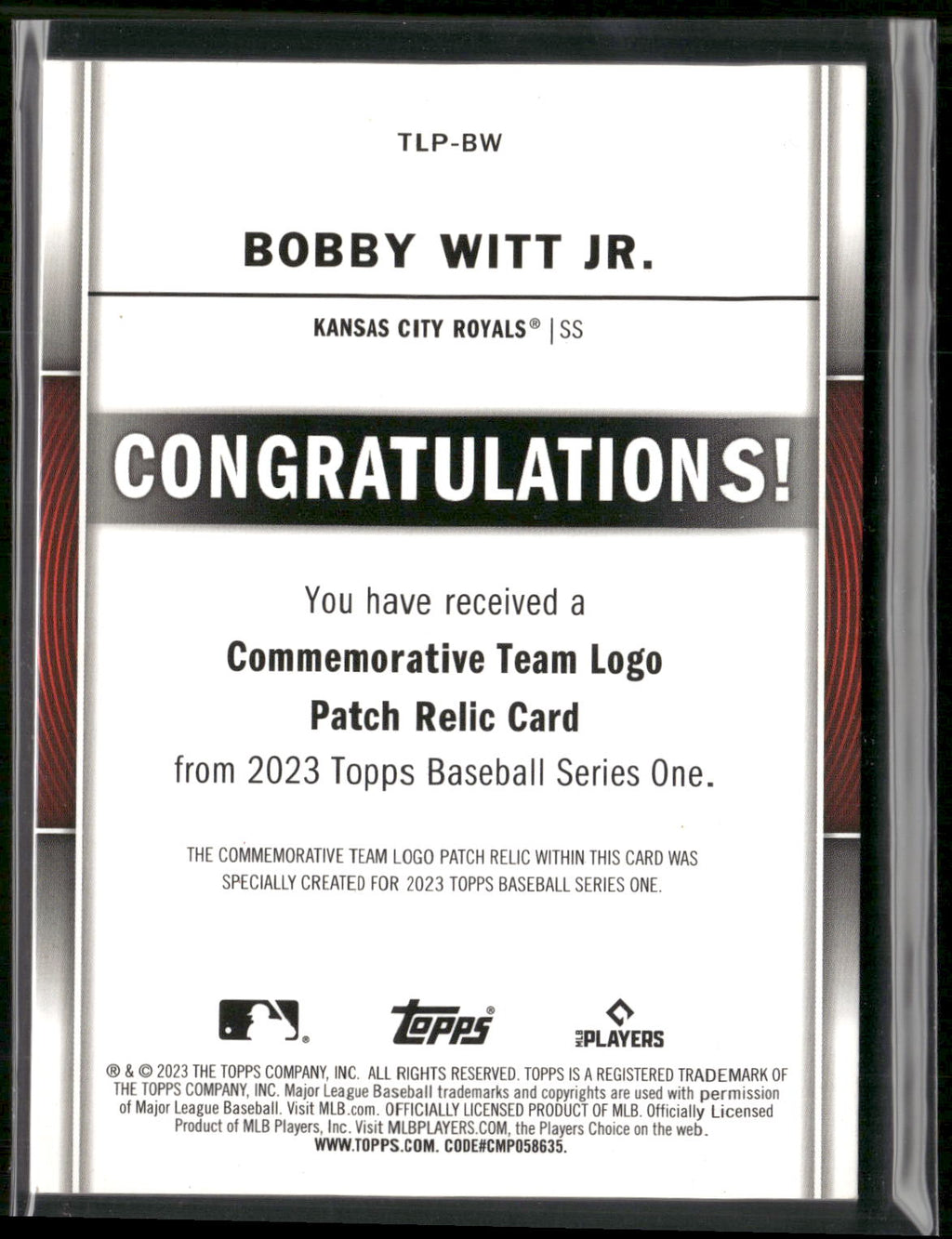 2023 Topps #TLP-BW Bobby Witt Jr. Commemorative Team Logo Patches