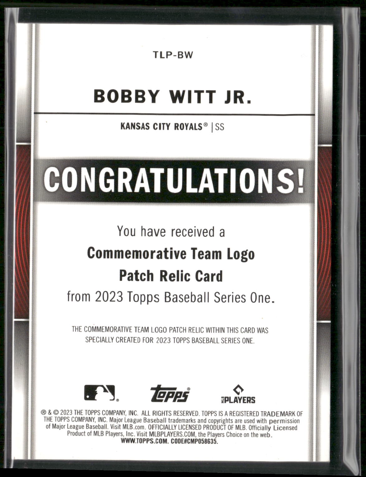2023 Topps #TLP-BW Bobby Witt Jr. Commemorative Team Logo Patches