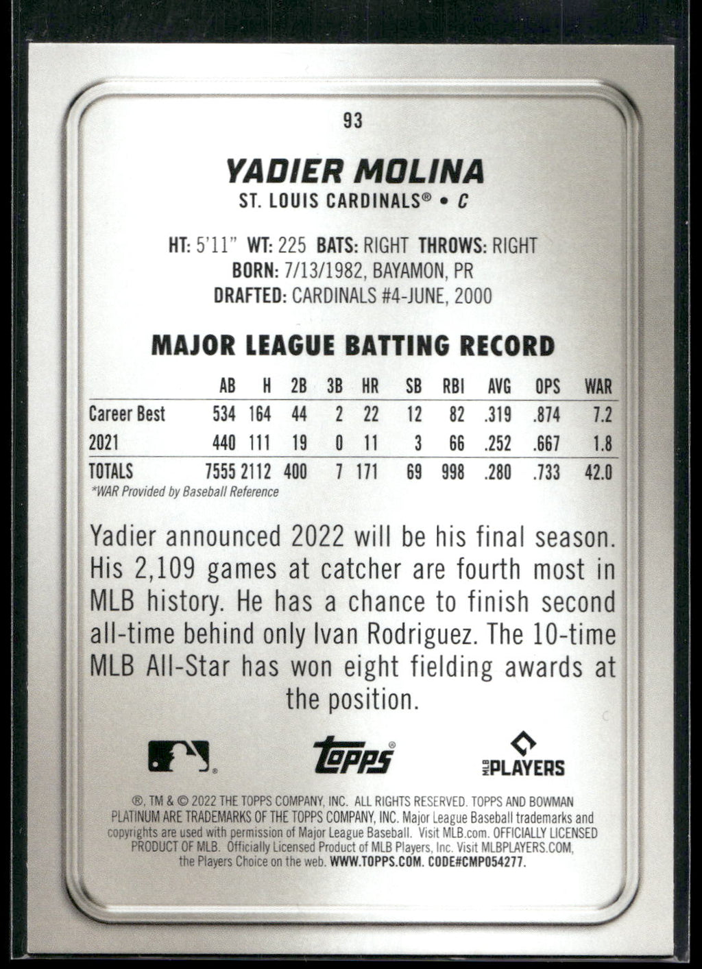 2022 Bowman Platinum #93 Yadier Molina Ice Foilboard