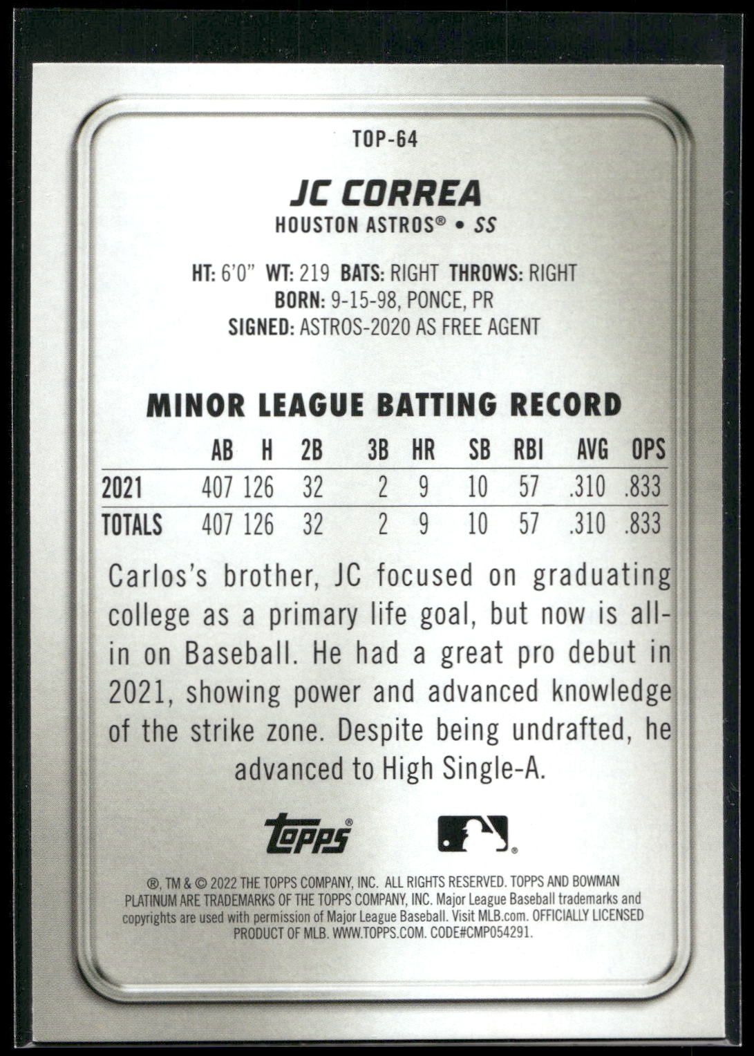 2022 Bowman Platinum #TOP-64 JC Correa Top Prospects Ice Foilboard
