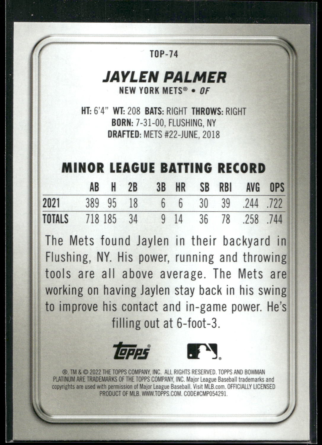 2022 Bowman Platinum #TOP-74 Jaylen Palmer Top Prospects Ice Foilboard