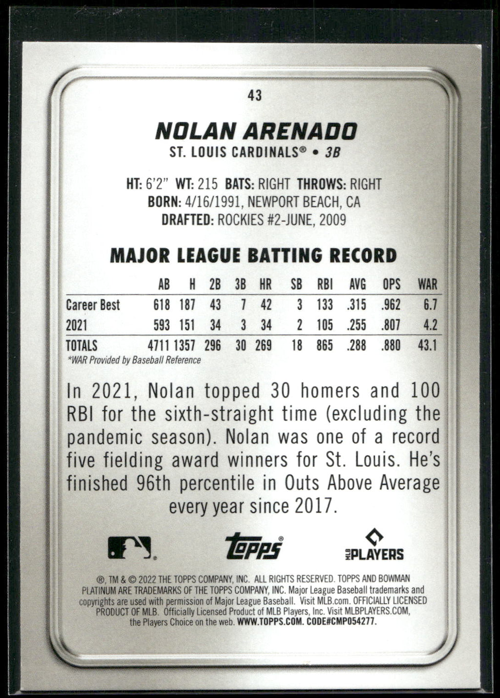 2022 Bowman Platinum #43 Nolan Arenado Ice Foilboard