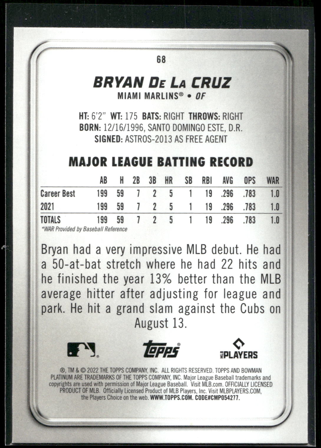 2022 Bowman Platinum #68 Bryan De La Cruz