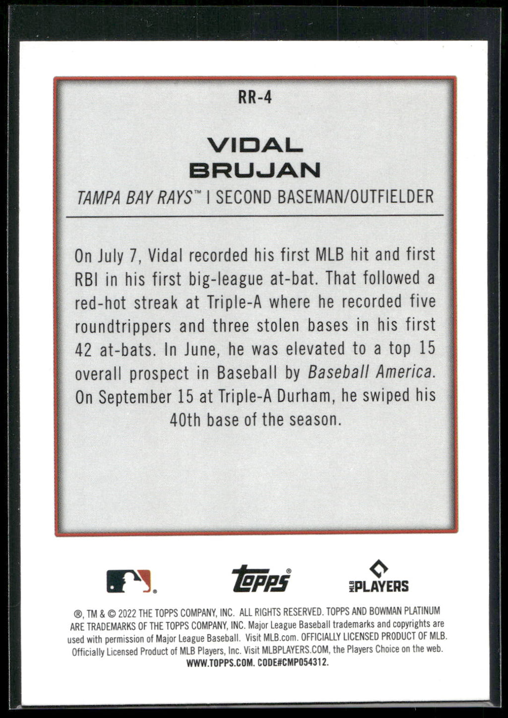 2022 Bowman Platinum #RR-4 Vidal Brujan Renowned Rookies