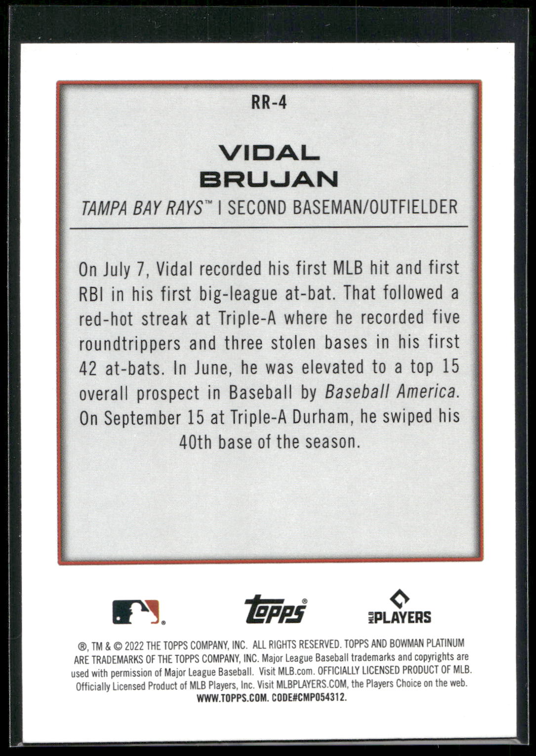 2022 Bowman Platinum #RR-4 Vidal Brujan Renowned Rookies