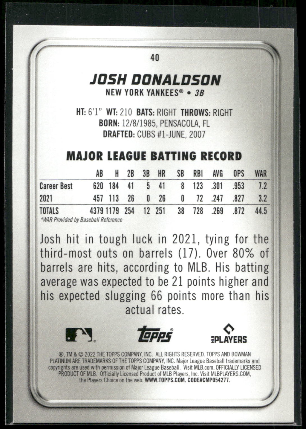 2022 Bowman Platinum #40 Josh Donaldson