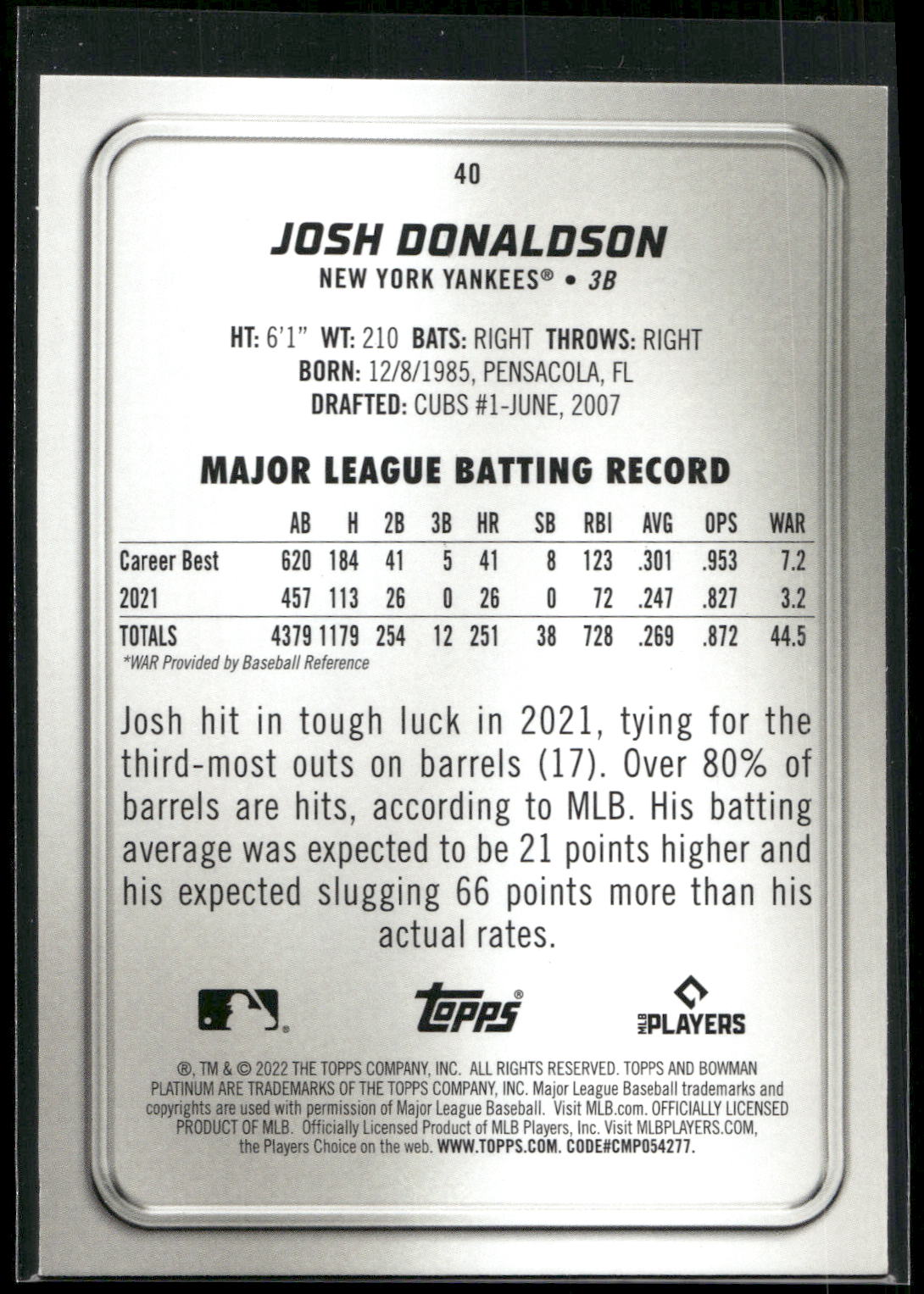 2022 Bowman Platinum #40 Josh Donaldson