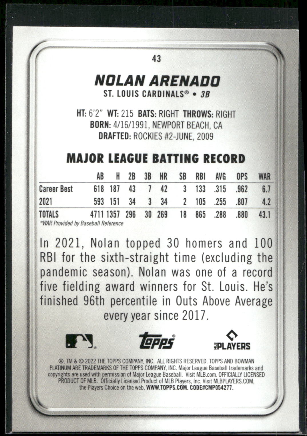 2022 Bowman Platinum #43 Nolan Arenado