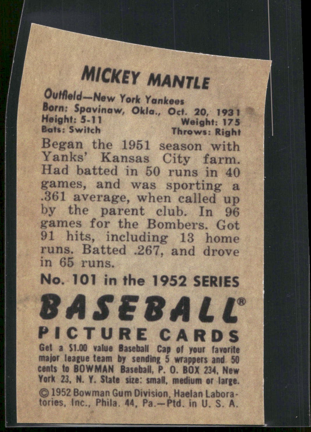 1983 BGHLI Reprint 1952 Bowman Reprint #101 Mickey Mantle