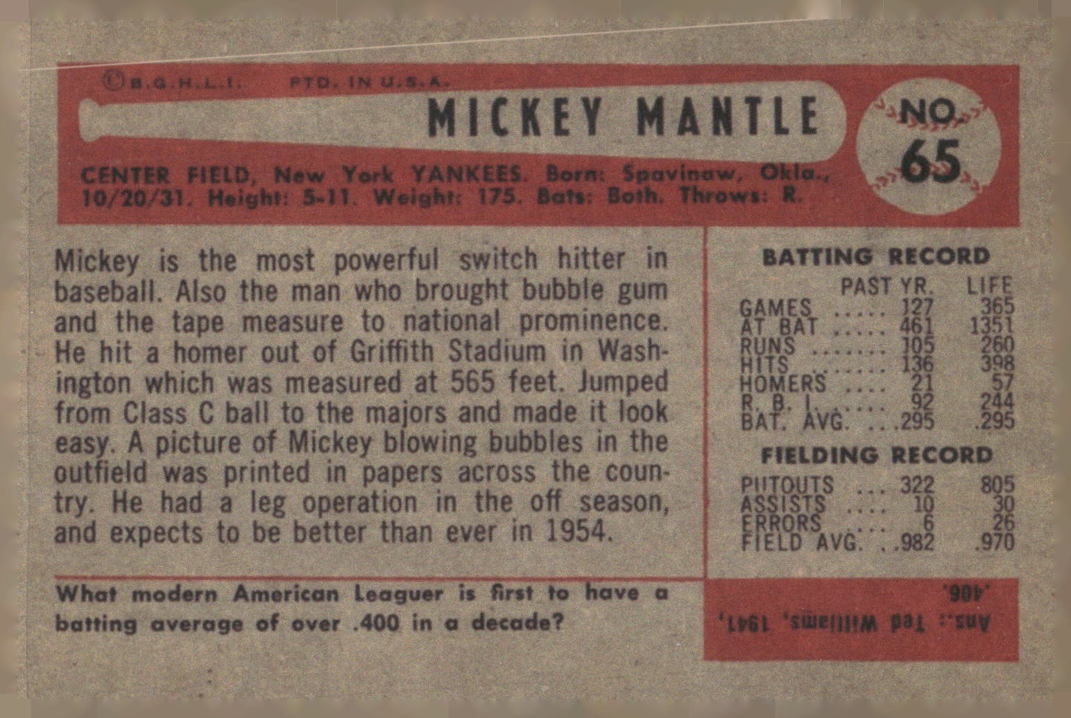 1983 BGHLI Reprint 1954 Bowman #65 Mickey Mantle Reprint