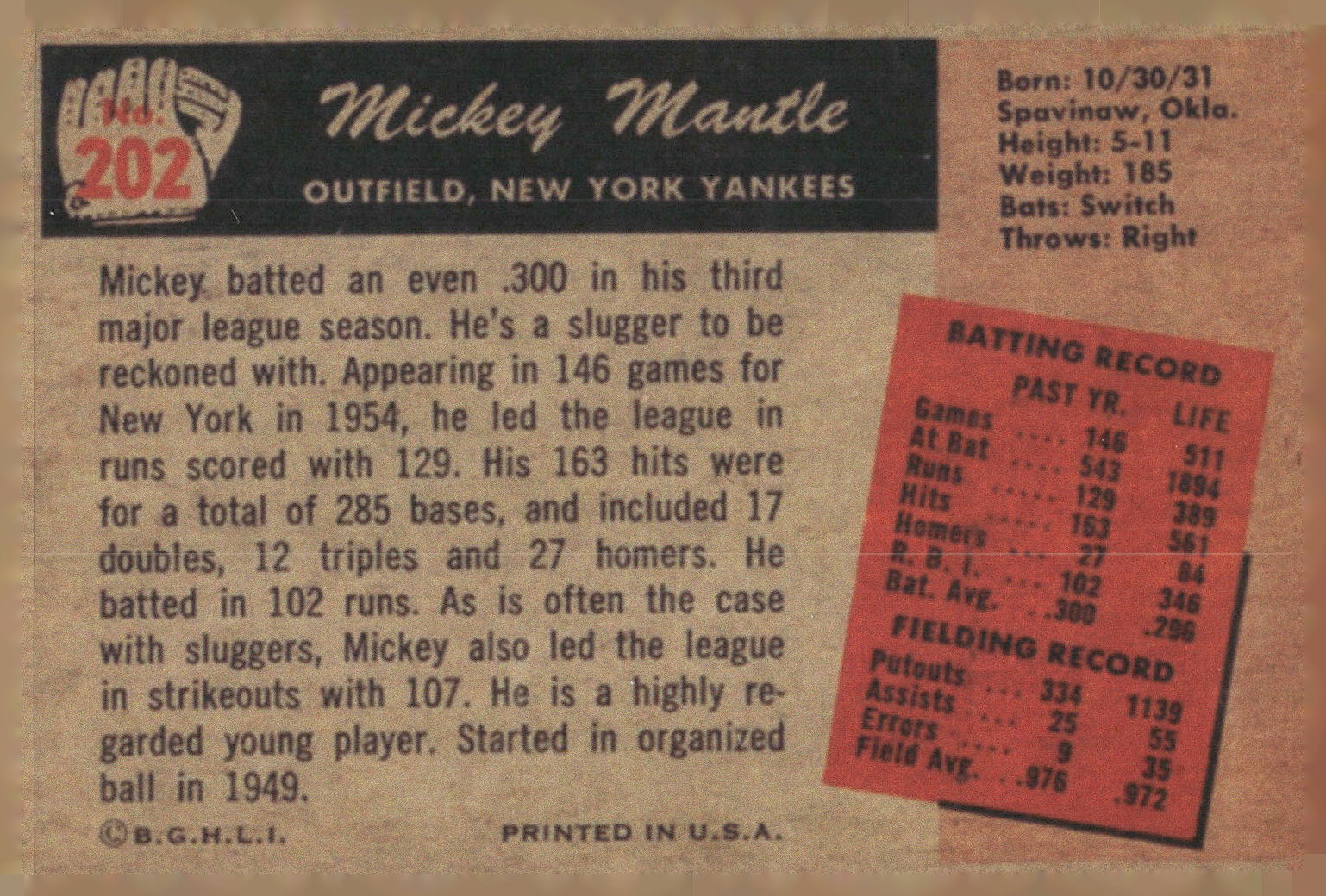 1983 BGHLI Reprint 1955 Bowman #202 Mickey Mantle Reprint