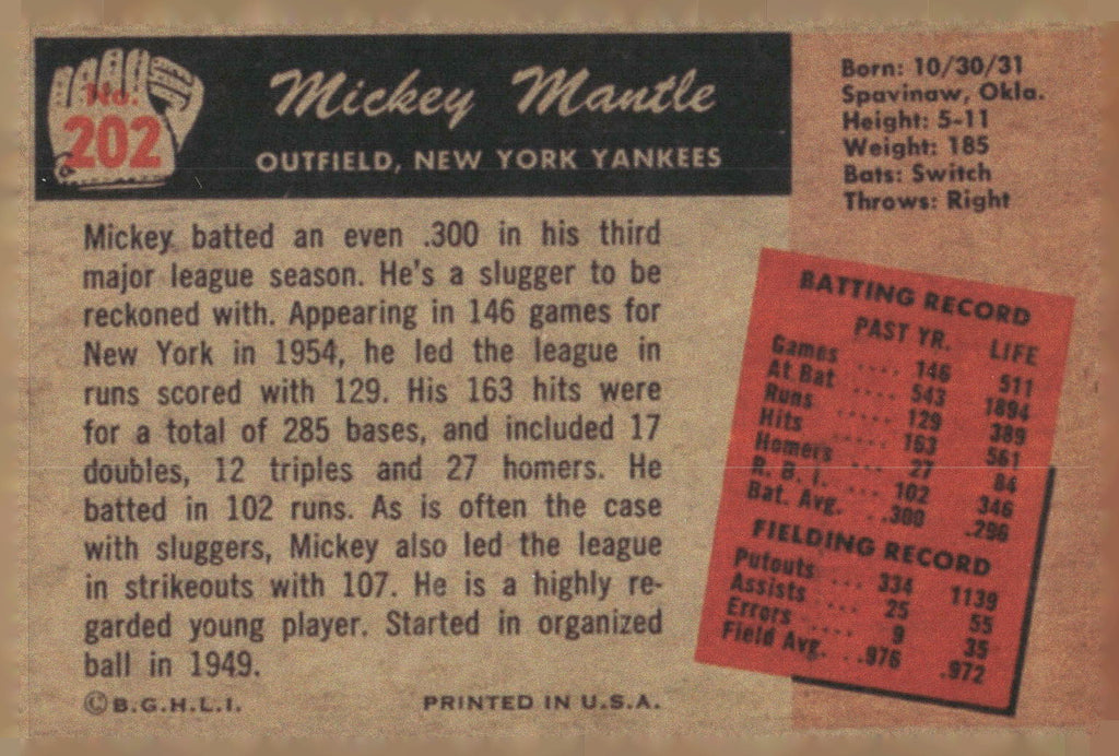 1983 BGHLI Reprint 1955 Bowman #202 Mickey Mantle Reprint