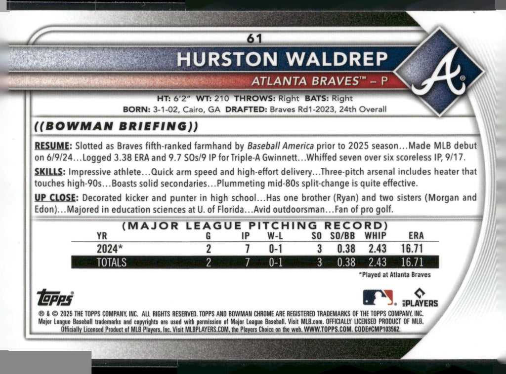 2025 Bowman #61 Hurston Waldrep Chrome Mojo Refractor