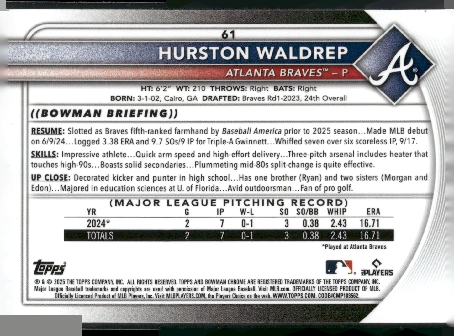 2025 Bowman #61 Hurston Waldrep Chrome Mojo Refractor