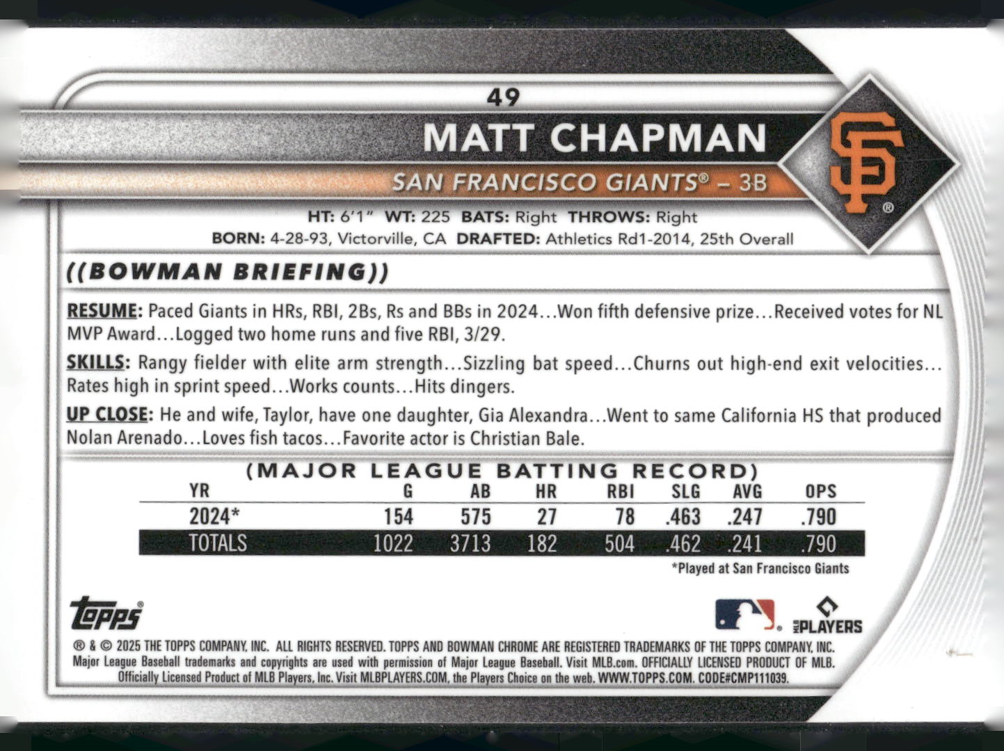 2025 Bowman Chrome #49 Matt Chapman Mojo Refractors