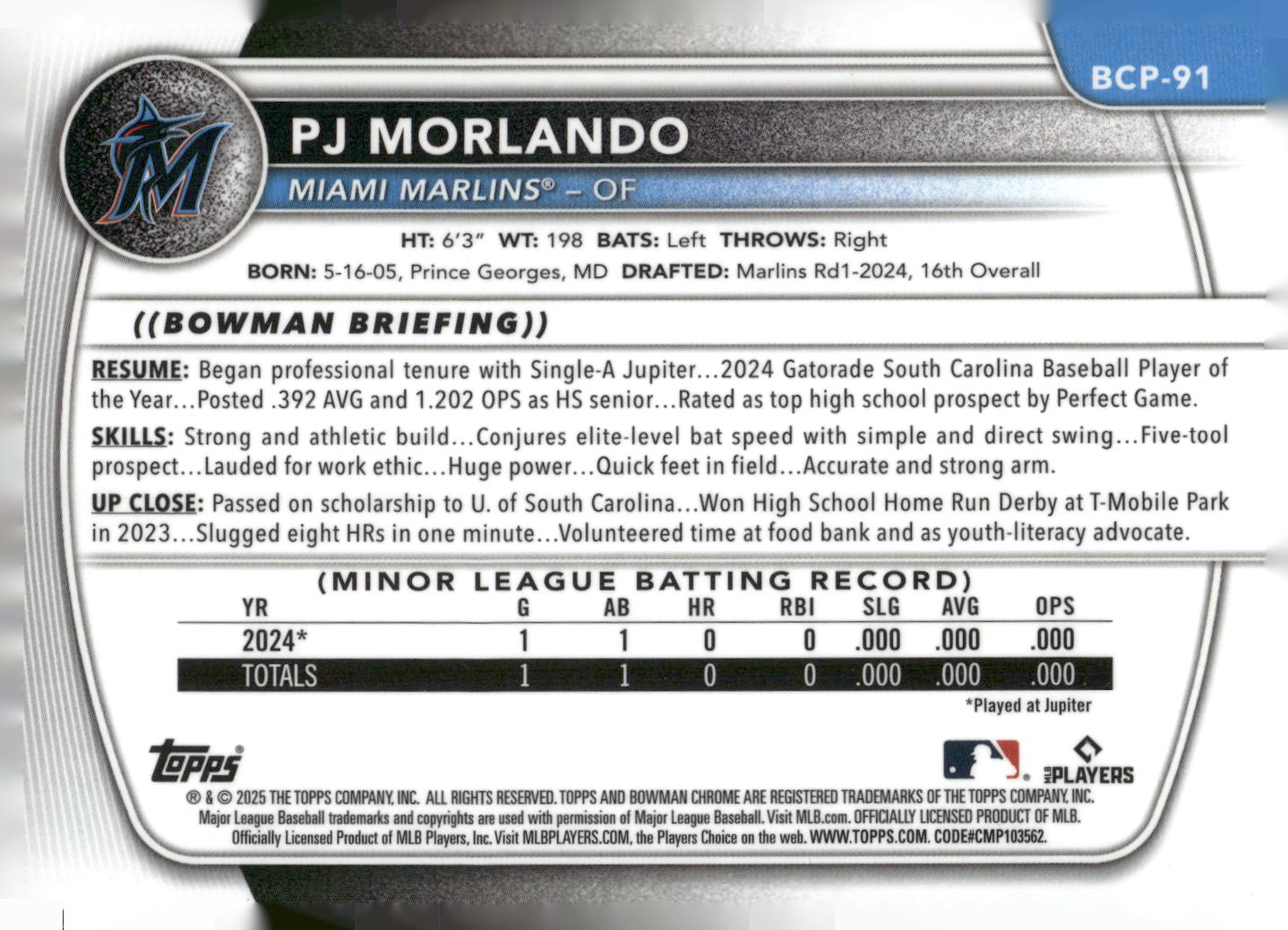 2025 Bowman #BCP-91 PJ Morlando Chrome Prospects Mojo Refractor