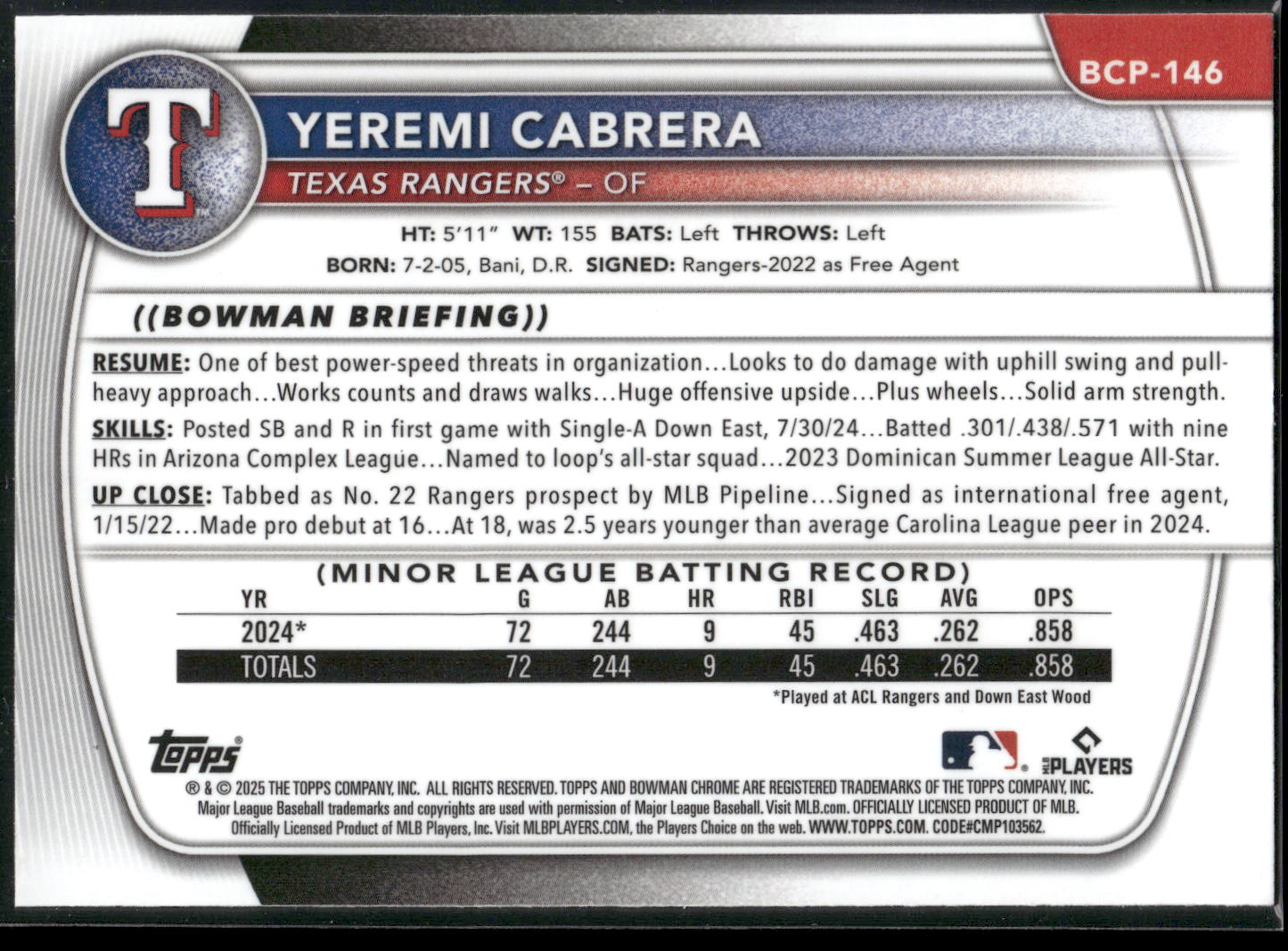 2025 Bowman #BCP-146 Yeremi Cabrera Chrome Prospects Mojo Refractor