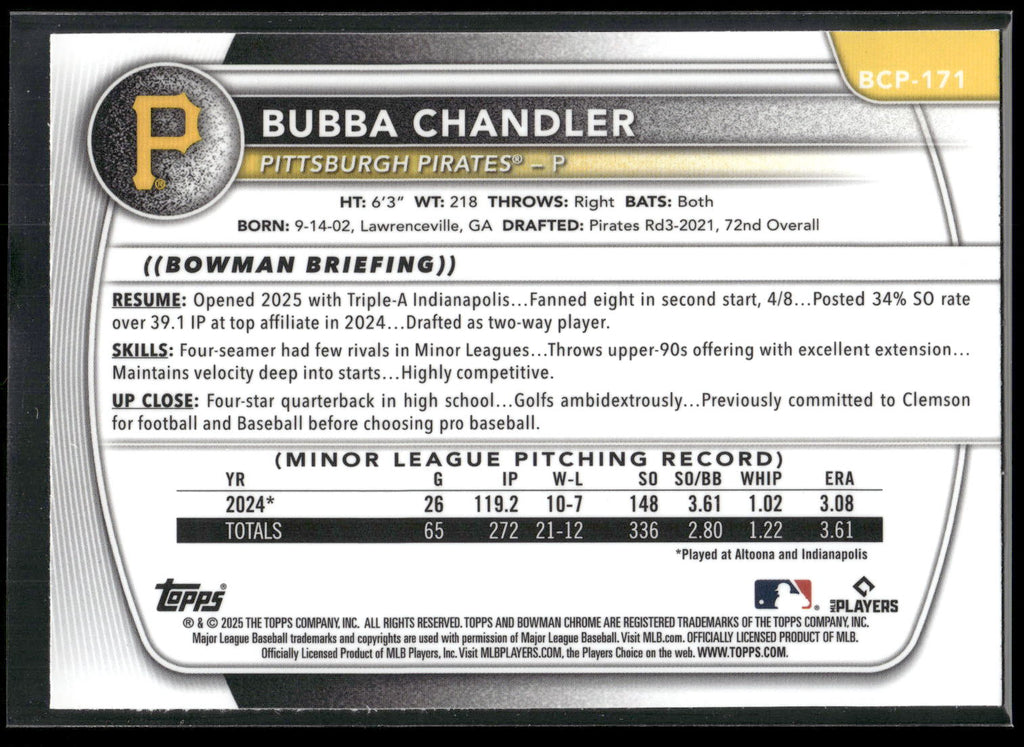 2025 Bowman Chrome #BCP-171 Bubba Chandler Prospects Mojo