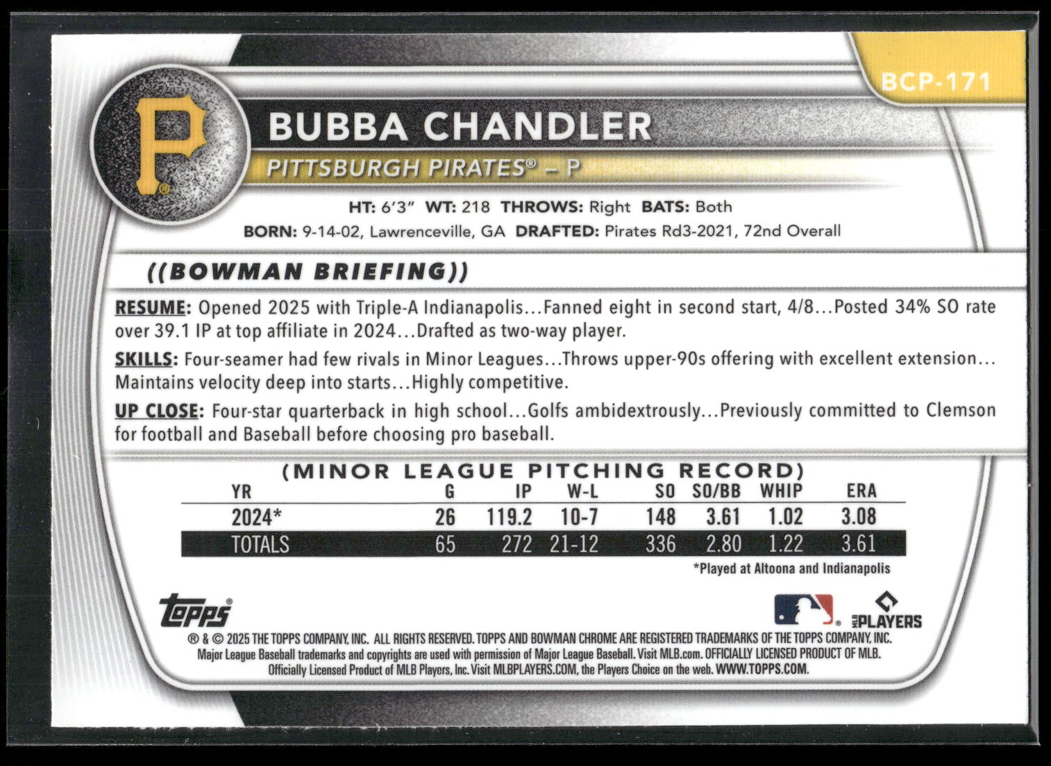 2025 Bowman Chrome #BCP-171 Bubba Chandler Prospects Mojo
