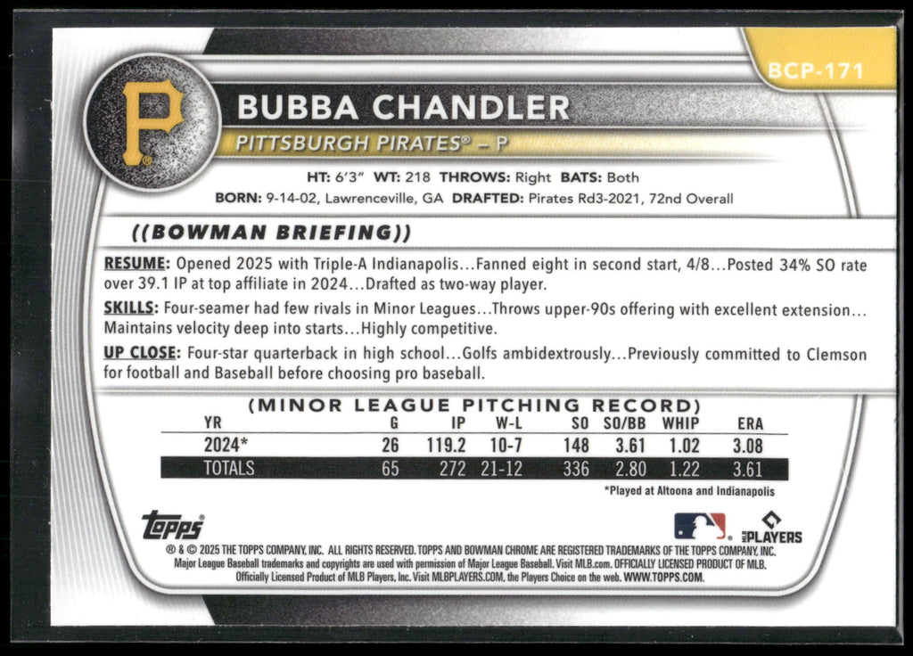 2025 Bowman Chrome #BCP-171 Bubba Chandler Prospects Mojo
