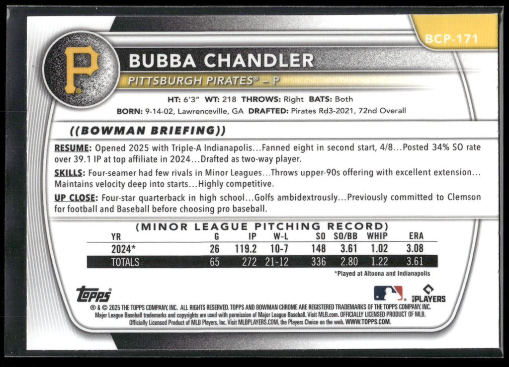 2025 Bowman Chrome #BCP-171 Bubba Chandler Prospects Mojo