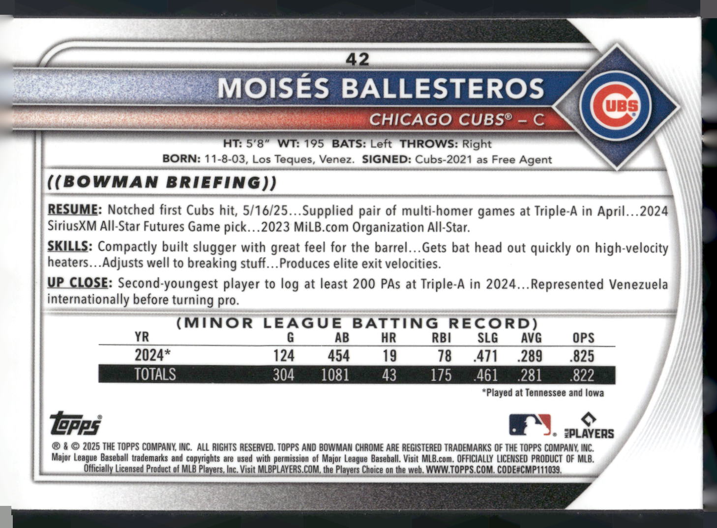 2025 Bowman Chrome #42 Moisés Ballesteros Mojo Refractors