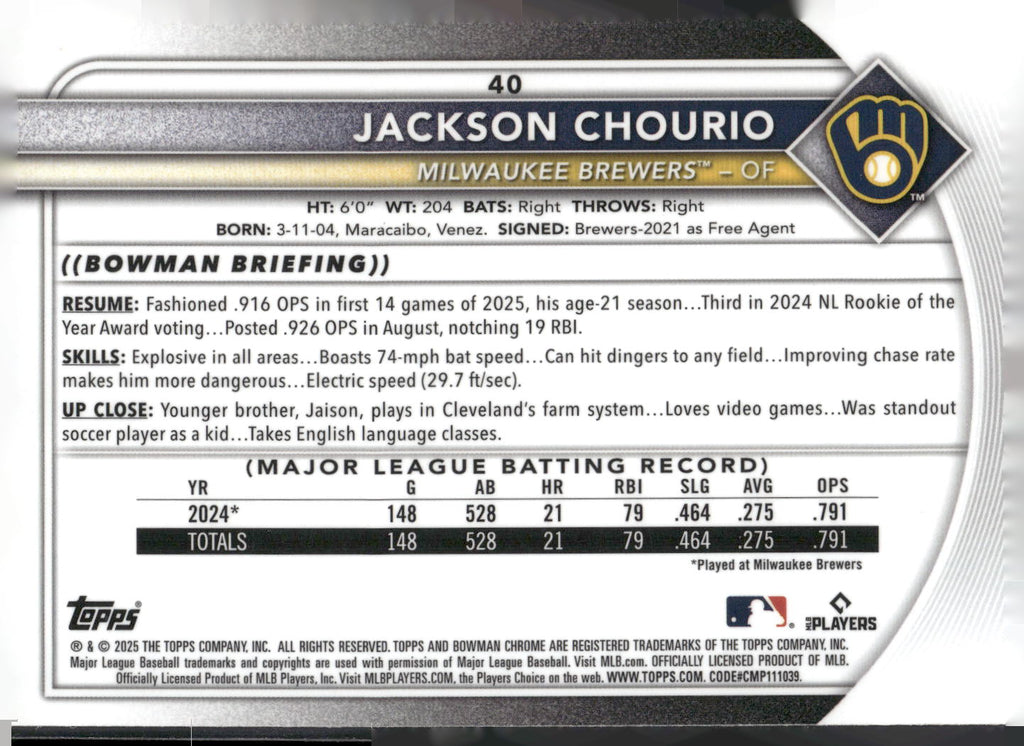 2025 Bowman Chrome #40 Jackson Chourio Mojo Refractors