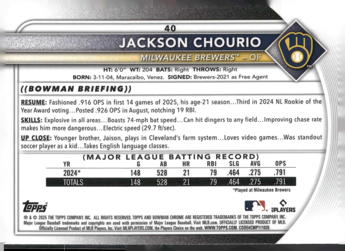 2025 Bowman Chrome #40 Jackson Chourio Mojo Refractors