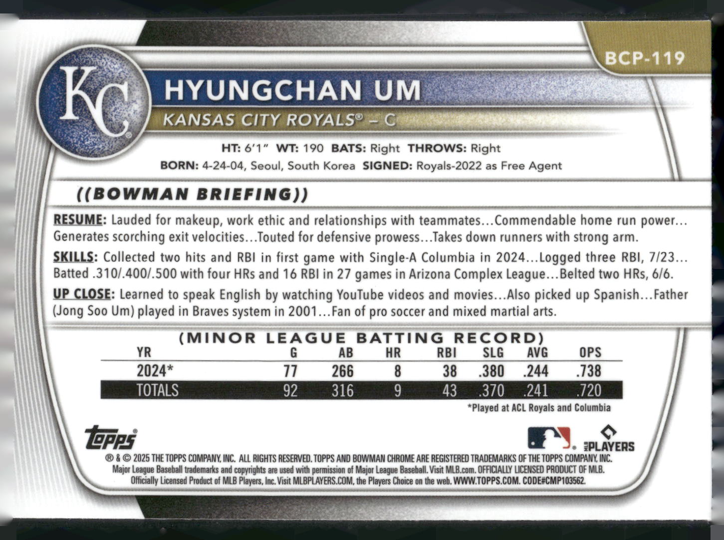 2025 Bowman #BCP-119 Hyungchan Um Chrome Prospects Mojo Refractor