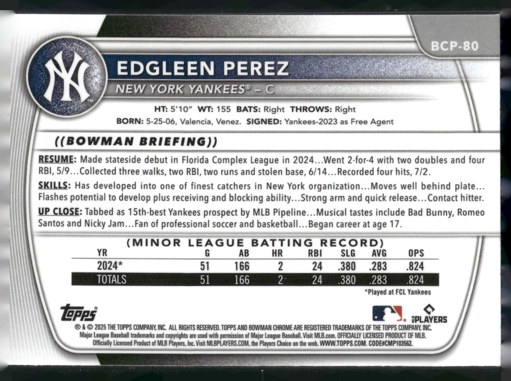 2025 Bowman #BCP-80 Edgleen Perez Chrome Prospects Mojo Refractor