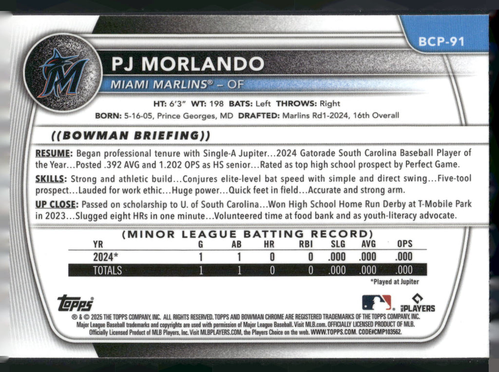 2025 Bowman #BCP-91 PJ Morlando Chrome Prospects Mojo Refractor