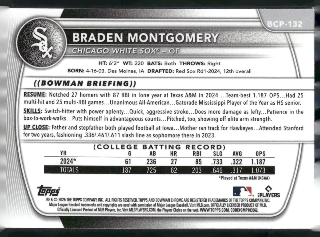 2025 Bowman #BCP-132 Braden Montgomery Chrome Prospects Mojo Refractor