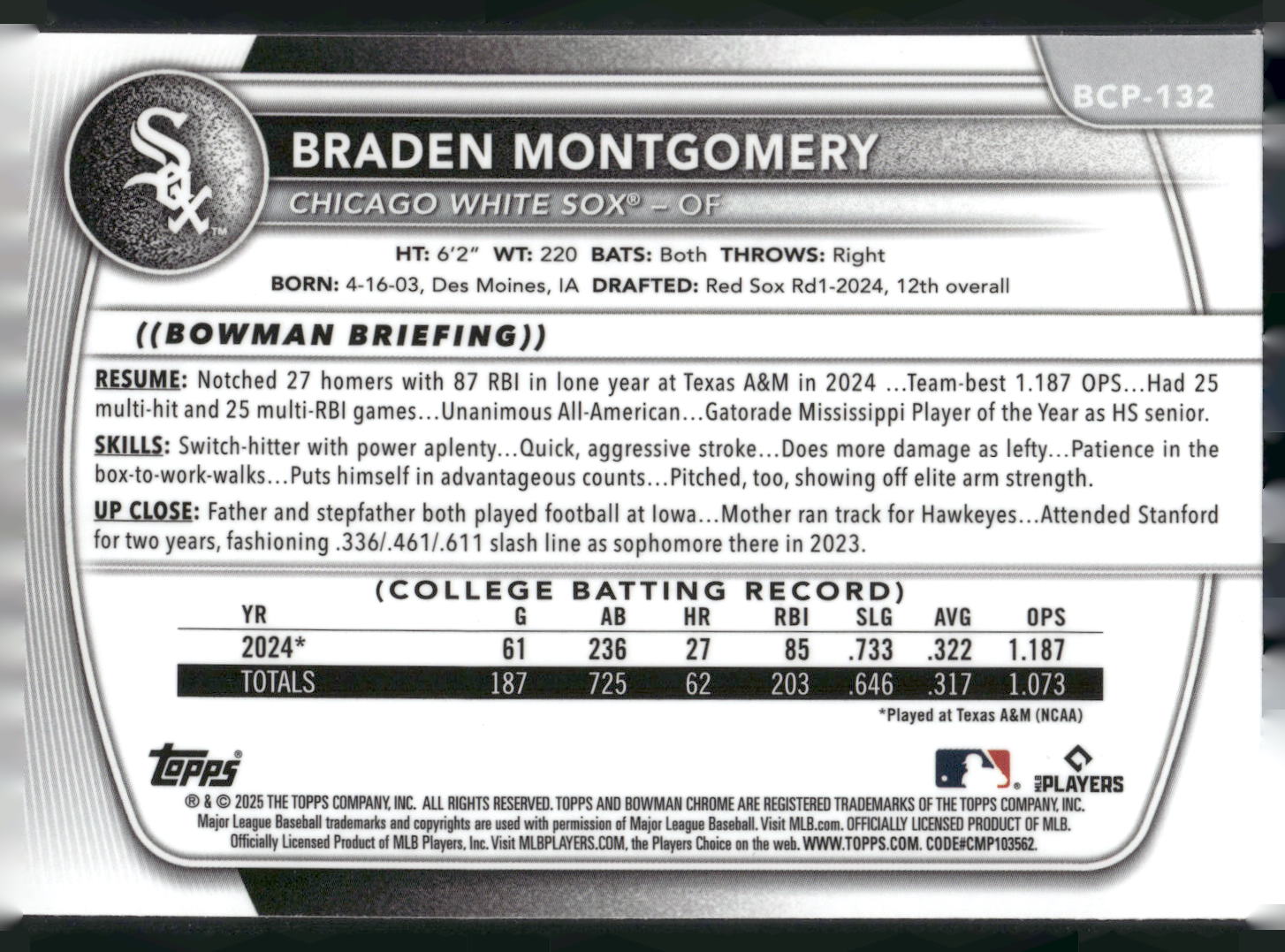 2025 Bowman #BCP-132 Braden Montgomery Chrome Prospects Mojo Refractor