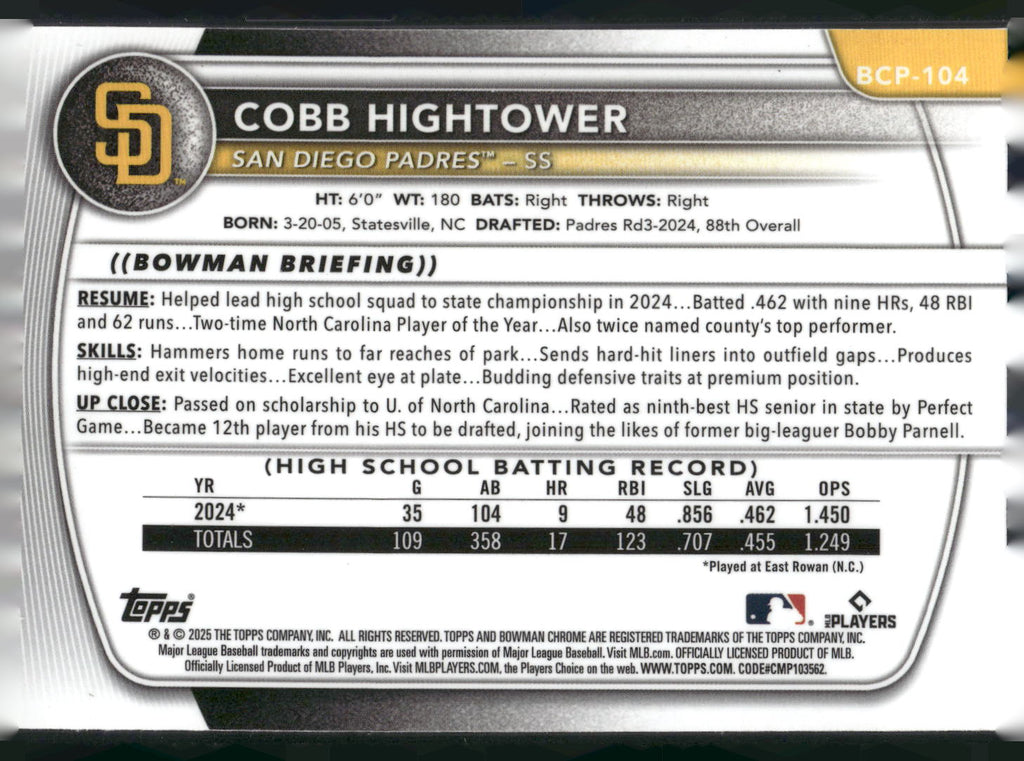 2025 Bowman #BCP-104 Cobb Hightower Chrome Prospects Mojo Refractor