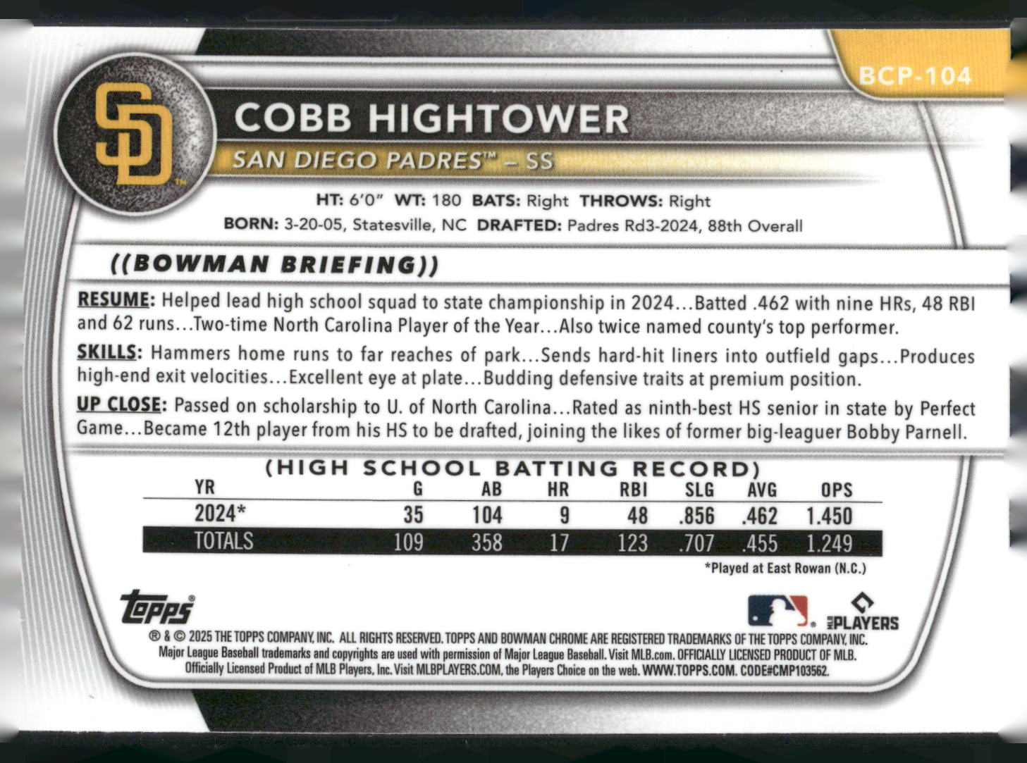 2025 Bowman #BCP-104 Cobb Hightower Chrome Prospects Mojo Refractor