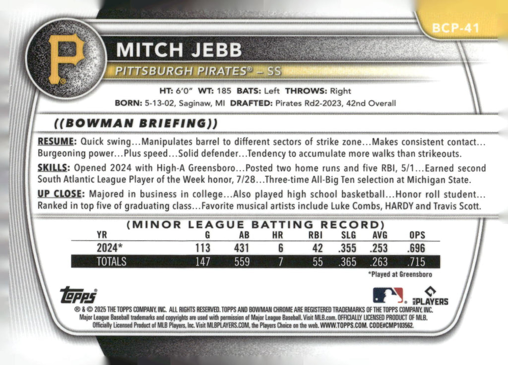 2025 Bowman #BCP-41 Mitch Jebb Chrome Prospects Mojo Refractor