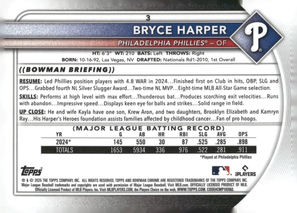 2025 Bowman #3 Bryce Harper Chrome Mojo Refractor