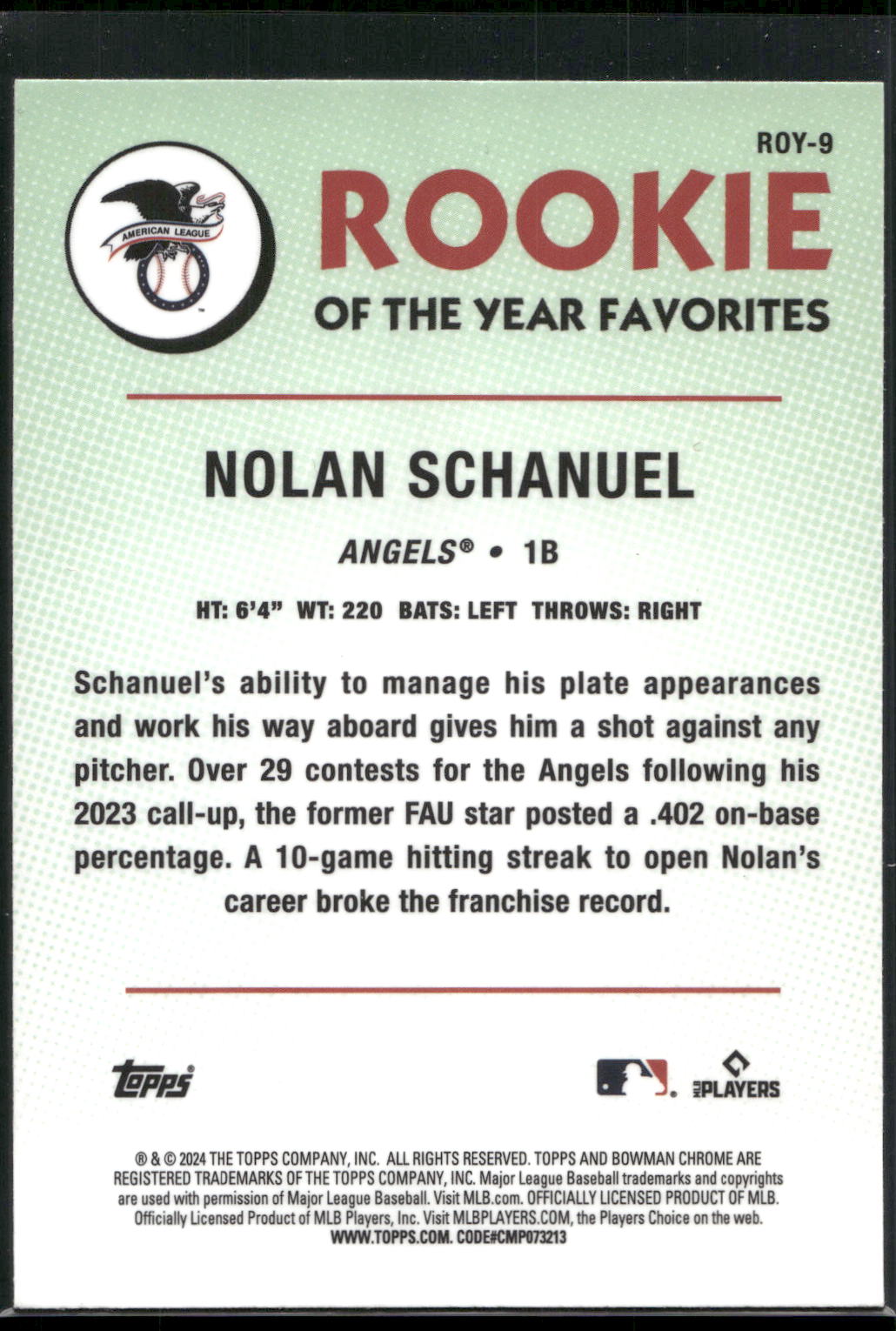2024 Bowman #ROY-9 Nolan Schanuel Rookie of the Year Favorites